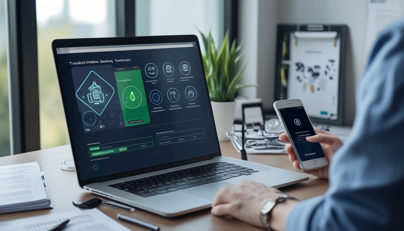 Ruang kerja modern dengan laptop dan ponsel yang menampilkan simbol verifikasi keamanan digital.