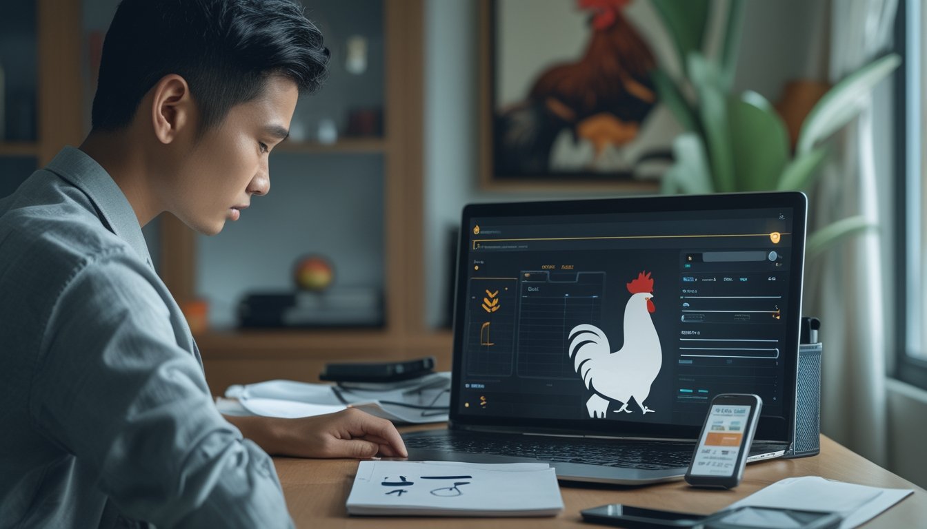 Orang dewasa menganalisis statistik permainan ayam secara daring di meja kerja dengan laptop, ponsel, dan catatan.