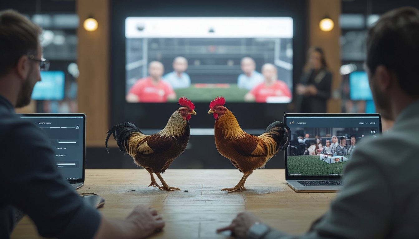Penonton menyaksikan siaran langsung dua ayam jantan di arena modern.