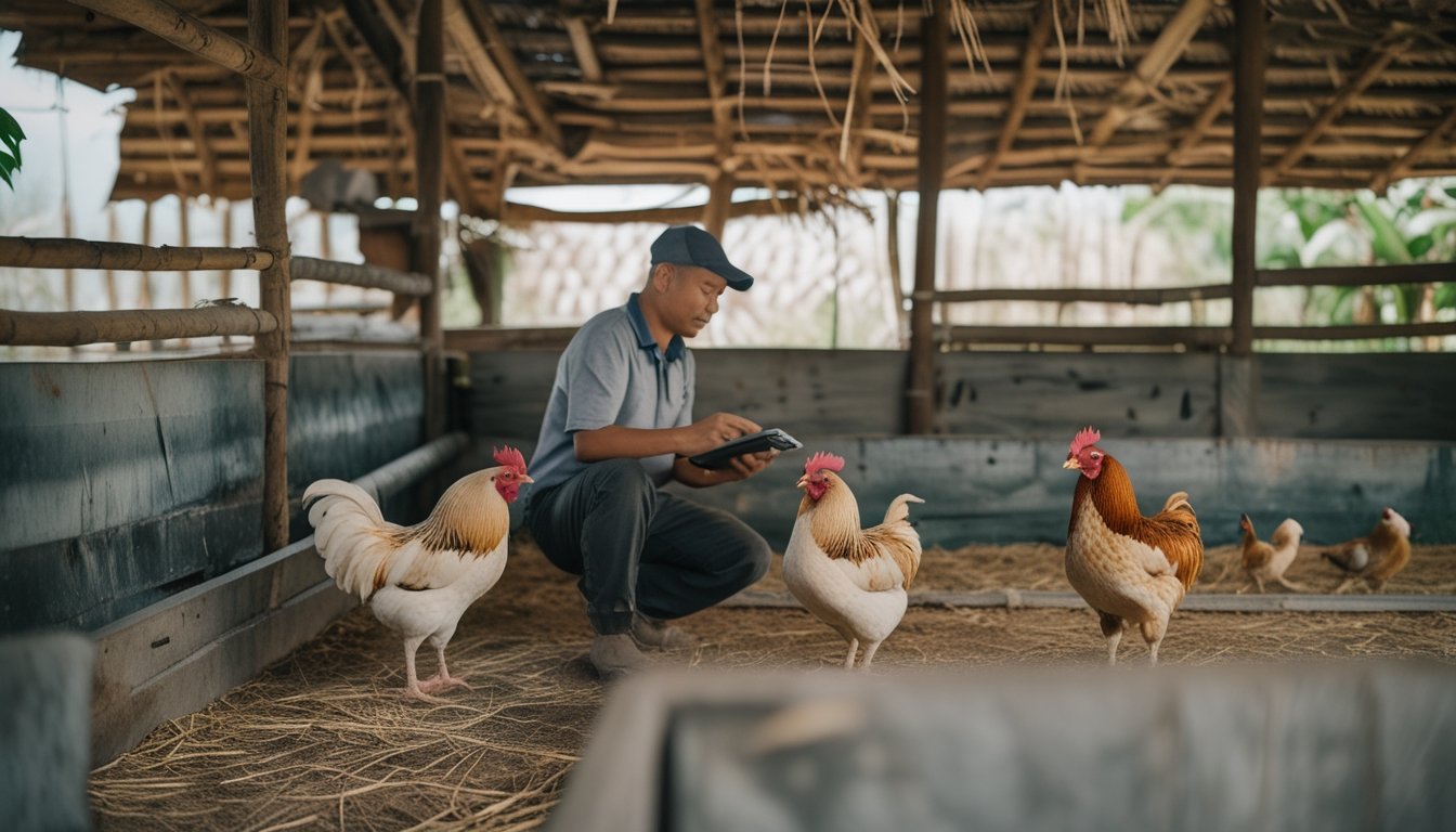 Peternak memeriksa dua ayam jantan sehat di kandang yang bersih dan tertata.
