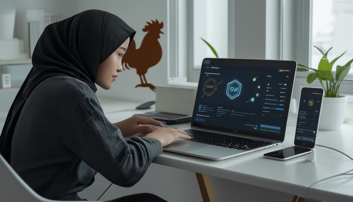 Orang dewasa menggunakan laptop untuk meninjau platform digital dengan elemen keamanan dan analitik abstrak.