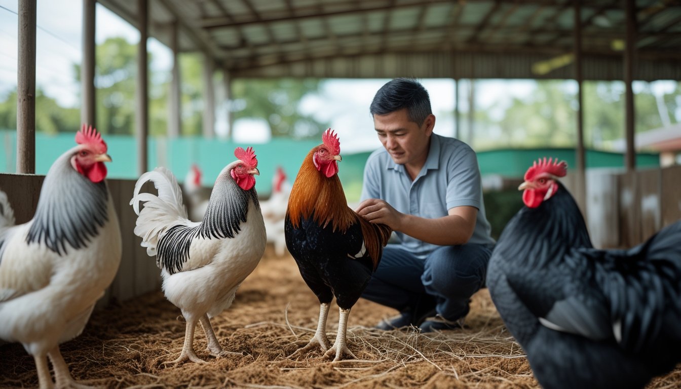 Seorang peternak memeriksa ayam jantan sehat di lingkungan kandang yang bersih.