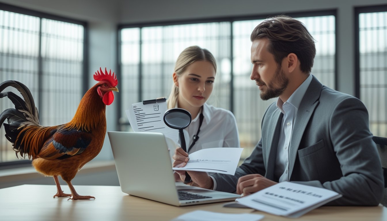 Petugas kepatuhan meninjau dokumen regulasi di kantor dengan ayam sehat dalam kandang yang aman.