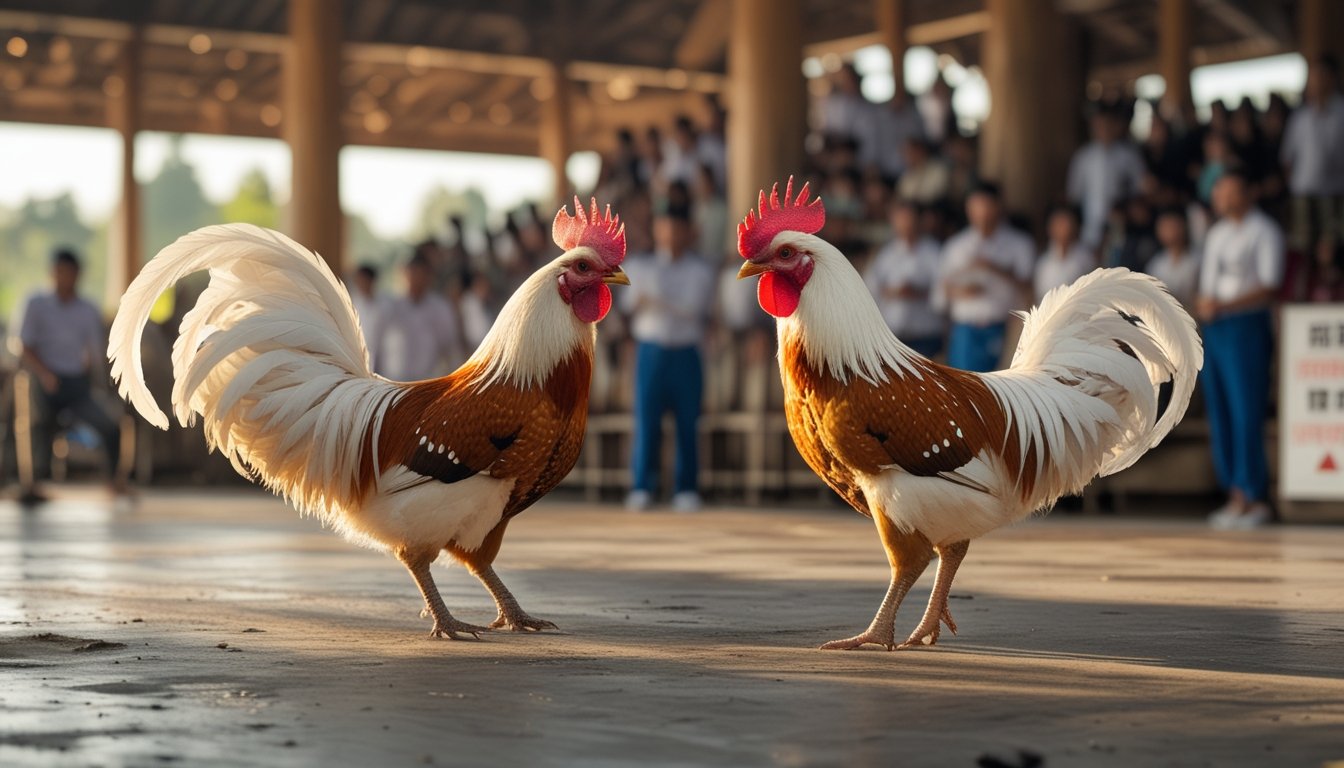 Dua ayam jantan dirawat oleh pawang di arena pertandingan yang tertata, disaksikan penonton dan petugas.