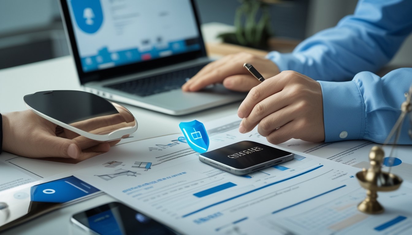Meja kerja modern dengan laptop, ponsel, simbol keamanan, dan dokumen yang diperiksa untuk menilai kredibilitas platform digital.