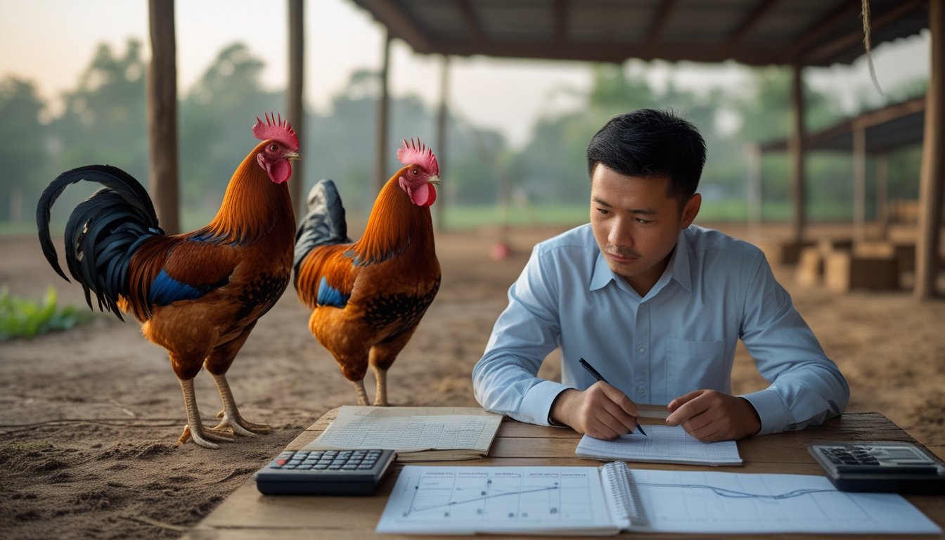 Seorang analis mempelajari catatan dan grafik di dekat dua ayam jantan sehat dalam kandang terbuka.