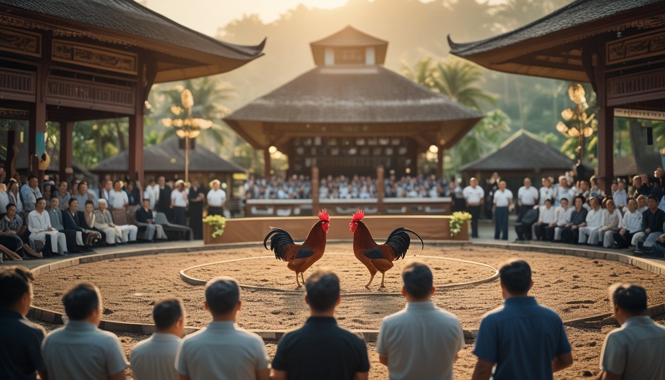 Arena sabung ayam tradisional Indonesia yang ramai dengan dua ayam jantan dan penonton dewasa.