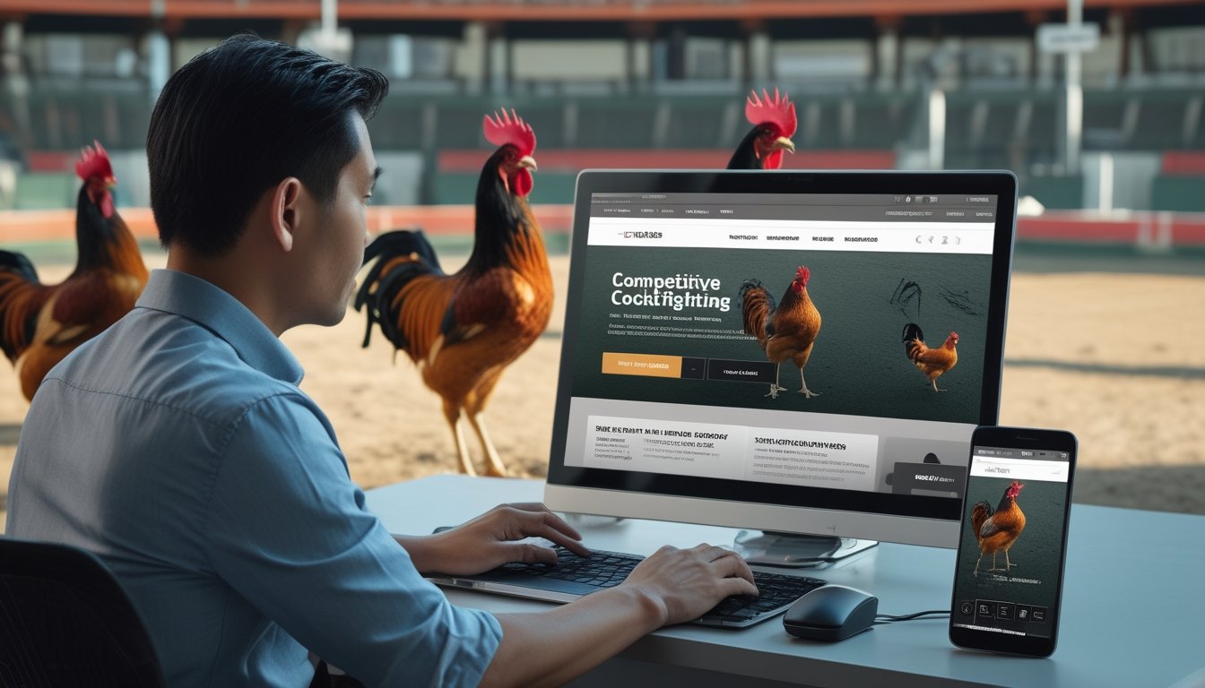 Seorang pria melihat platform digital di laptop dan ponsel dengan dua ayam jantan di latar belakang.