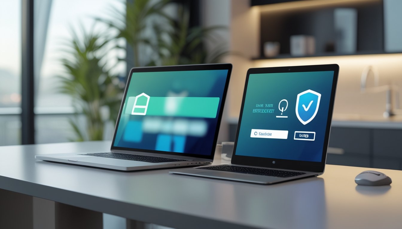Laptop dan ponsel menampilkan antarmuka digital abstrak dengan simbol perisai dan gembok di atas meja kerja modern.