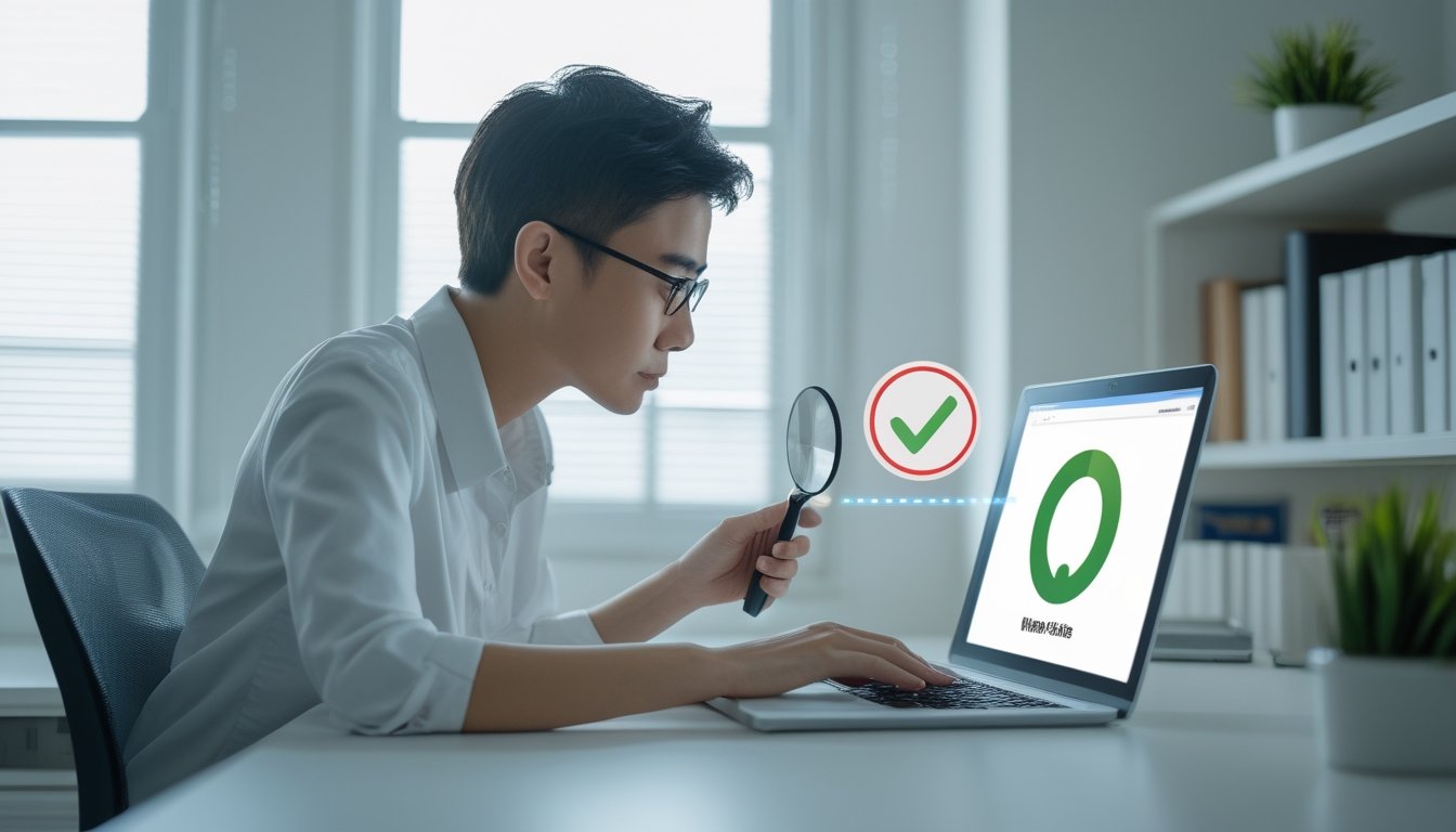 Seseorang memeriksa halaman masuk aman di laptop dengan simbol verifikasi dan peringatan tautan mencurigakan.