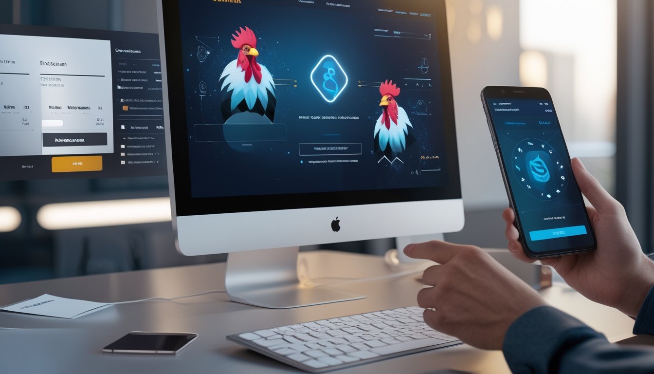 Perangkat komputer dan ponsel menampilkan konsep pembayaran dompet digital yang aman dengan simbol ayam jantan abstrak.