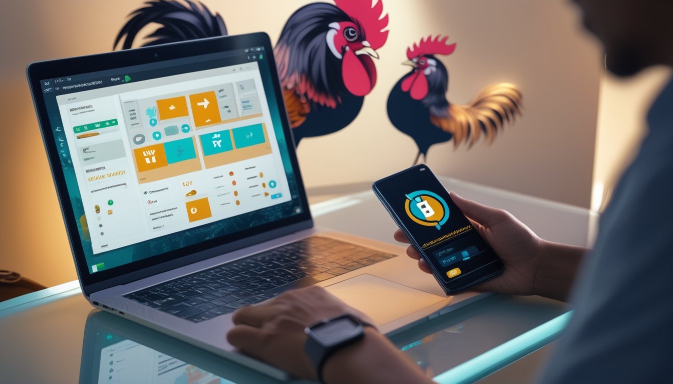 Tangan seseorang menggunakan laptop dan ponsel dengan antarmuka digital abstrak, disertai ilustrasi ayam jantan di latar belakang.