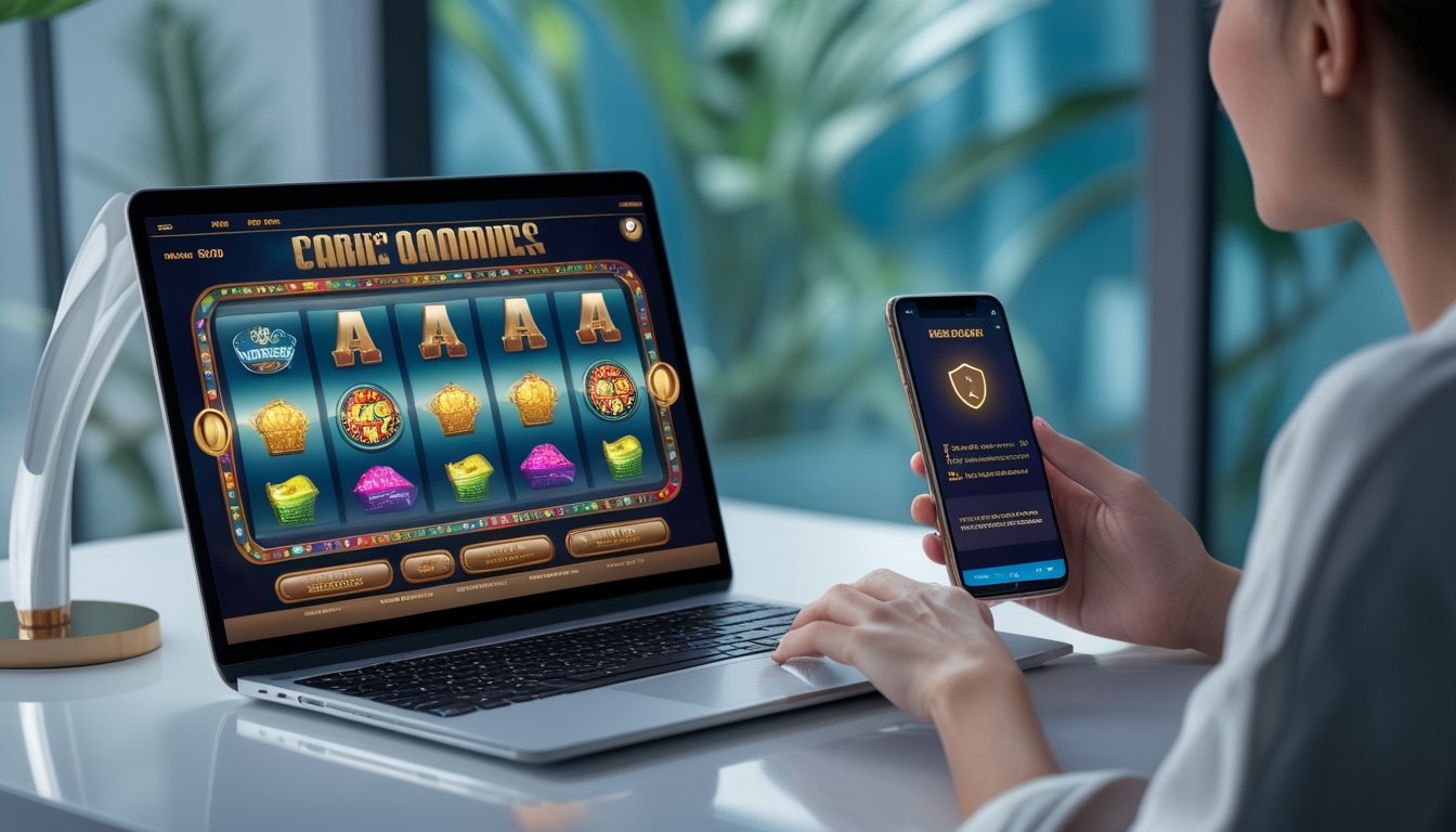 Seseorang menggunakan laptop dan ponsel untuk melihat permainan digital di meja kerja modern.