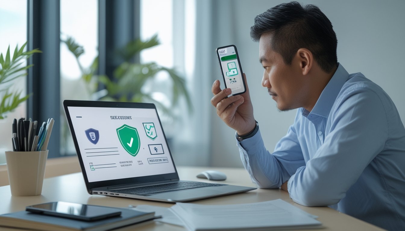 Orang dewasa memeriksa tanda verifikasi dan dokumen pada laptop di meja kerja.