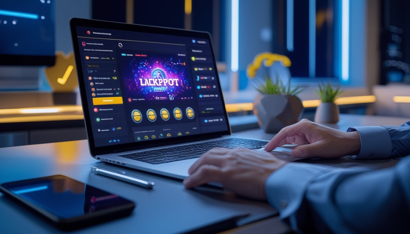 Seseorang menggunakan laptop di meja kerja modern dengan tampilan permainan digital bercahaya dan efek koin keemasan.
