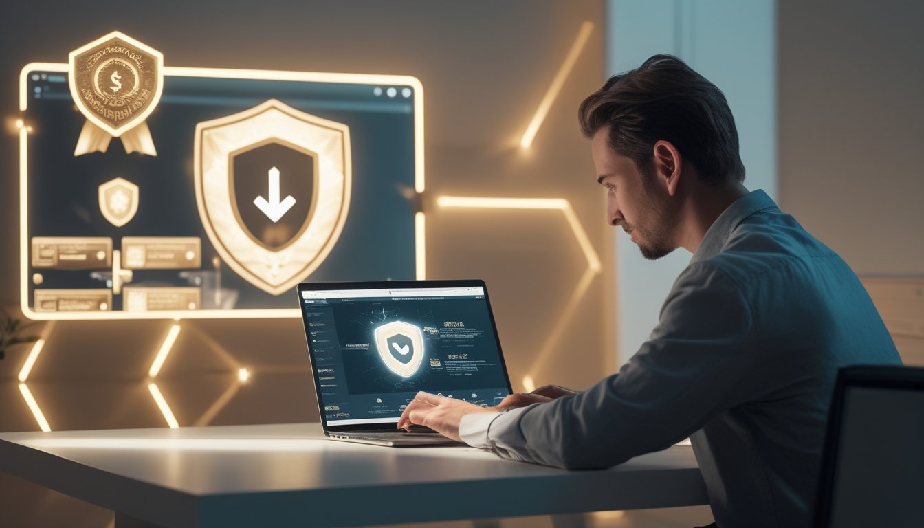 Seseorang membandingkan platform permainan digital yang aman melalui laptop dan ponsel di ruang kerja modern.