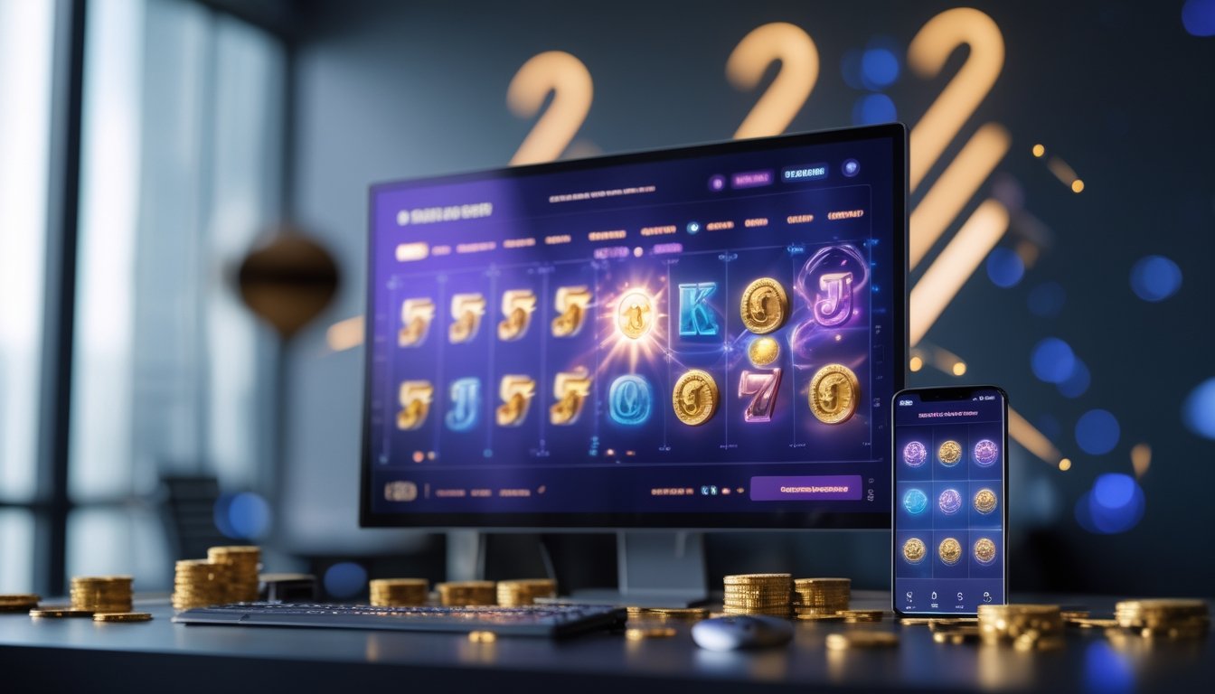 Monitor dan ponsel menampilkan permainan slot abstrak dengan koin emas dan cahaya kemenangan di meja kerja modern.