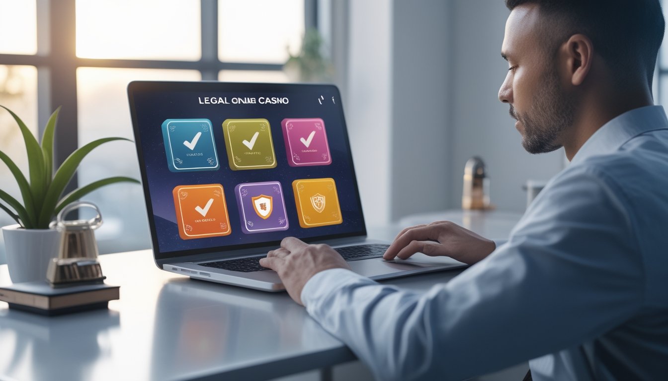 Orang dewasa memeriksa platform permainan daring yang aman di laptop dalam ruang kerja modern.
