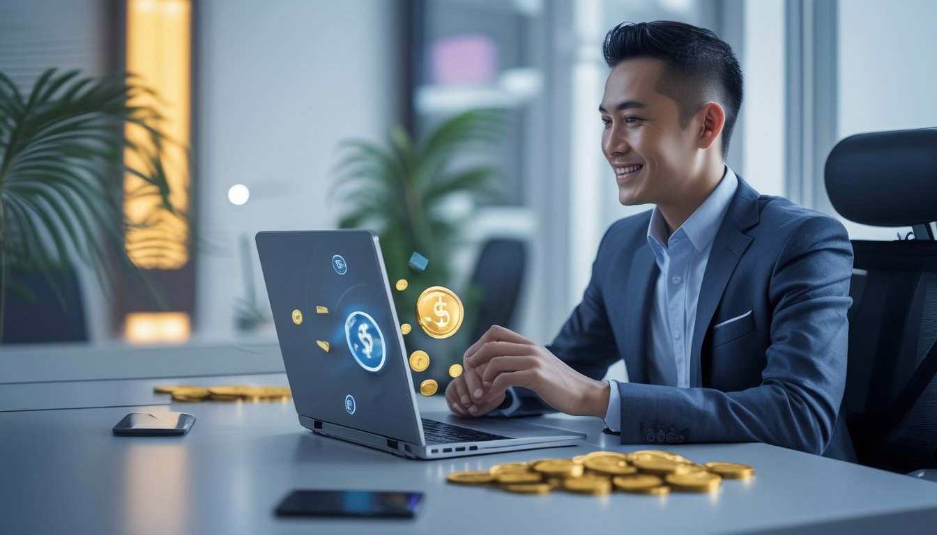 Seorang profesional dewasa menggunakan laptop di meja kerja modern dengan elemen visual abstrak bernuansa permainan dan kesuksesan.