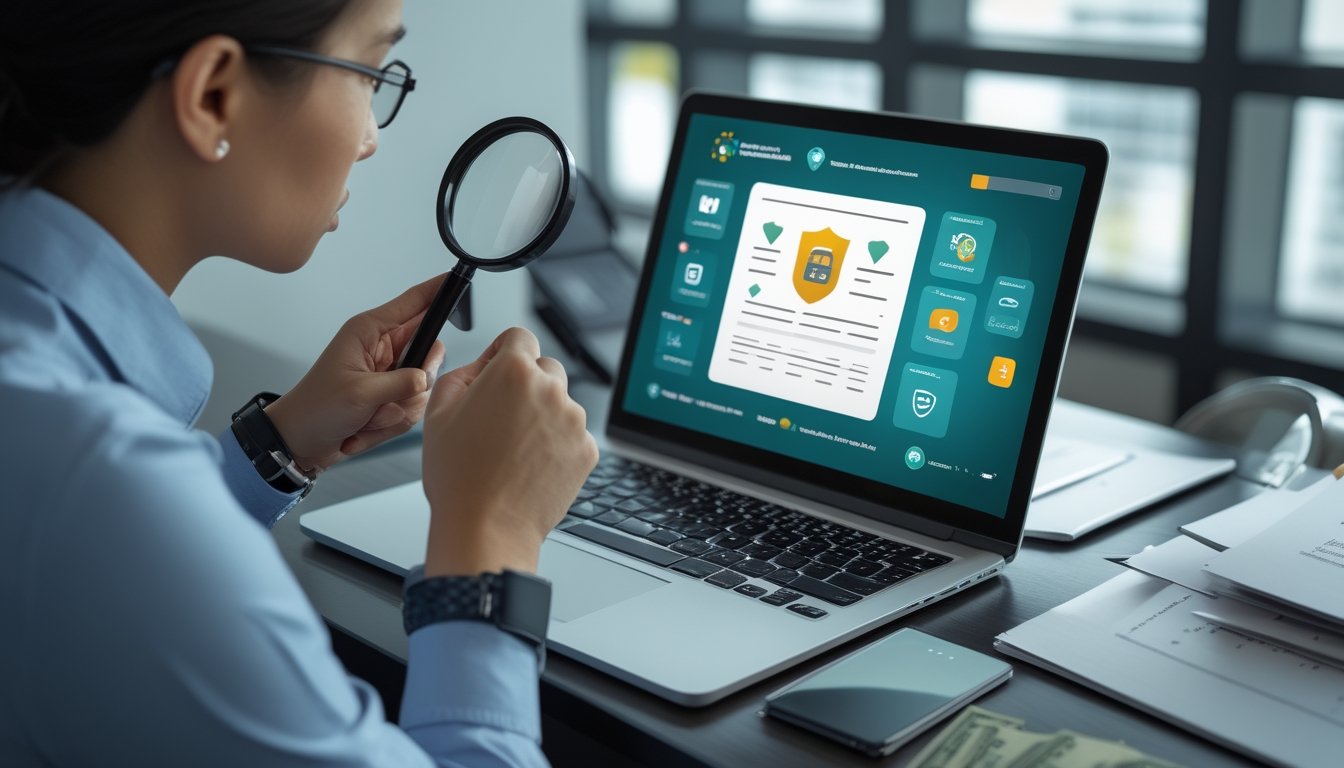 Seseorang menilai keamanan dan kredibilitas platform digital menggunakan laptop, kaca pembesar, dan simbol verifikasi.