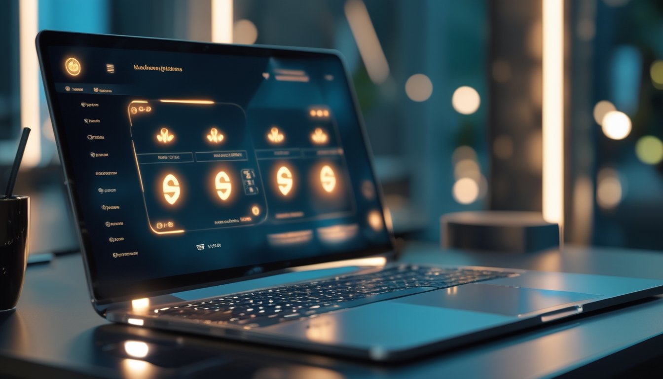 Laptop dan ponsel menampilkan antarmuka permainan digital bercahaya di atas meja modern.