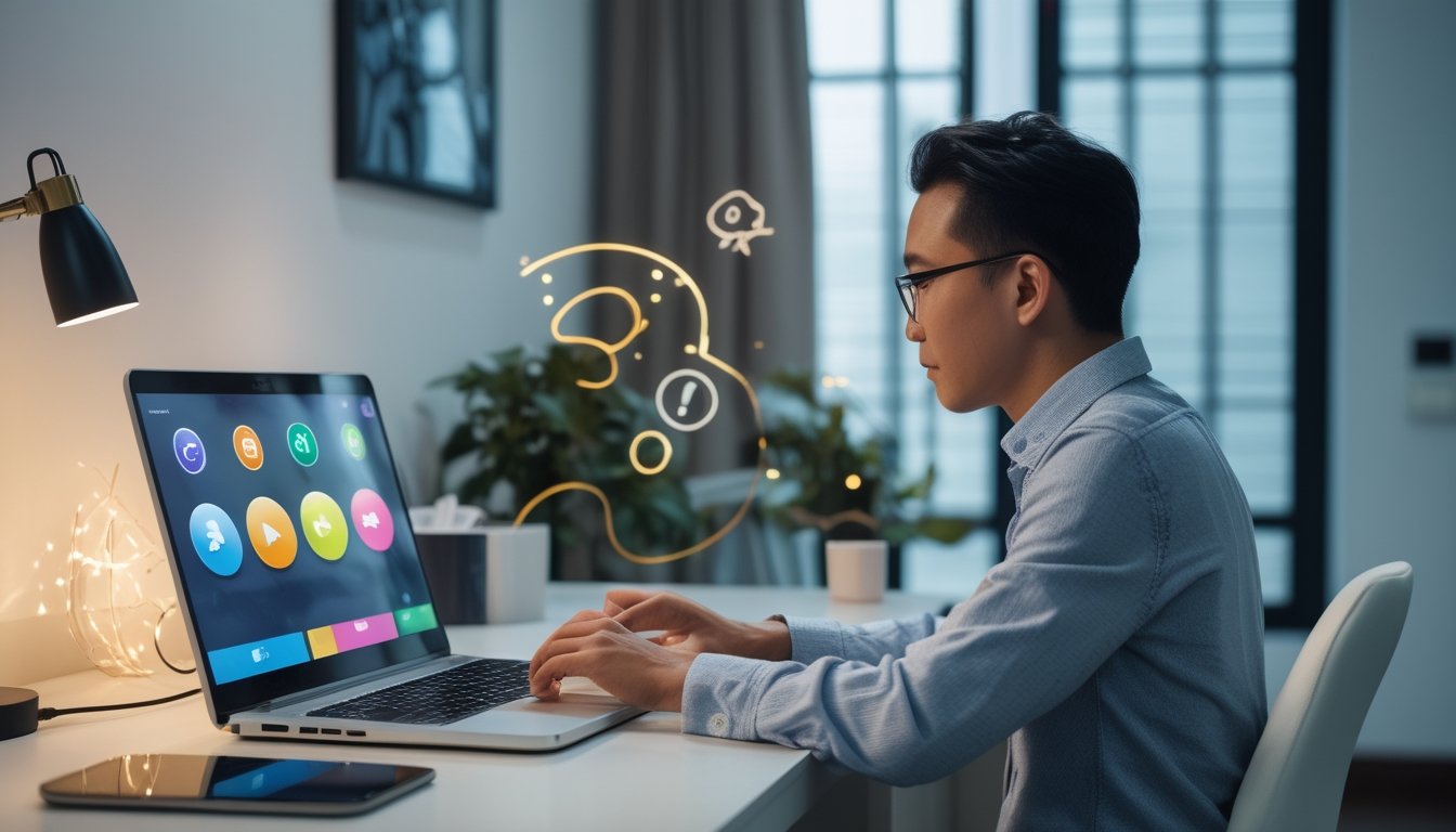 Seorang pengguna membandingkan platform permainan daring di laptop dengan simbol keamanan di meja kerja.