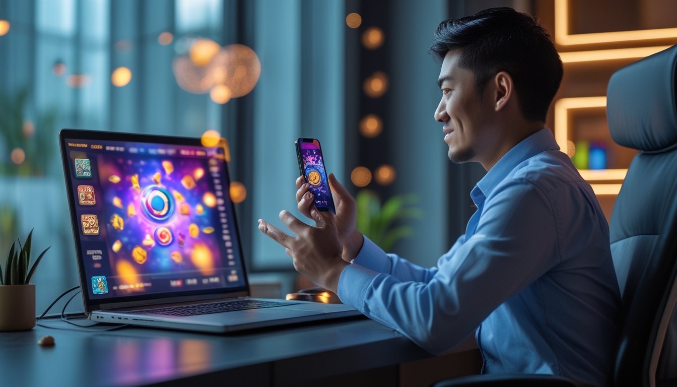 Seorang pemain dewasa melihat permainan slot digital di laptop dan ponsel dalam suasana ruang kerja modern.