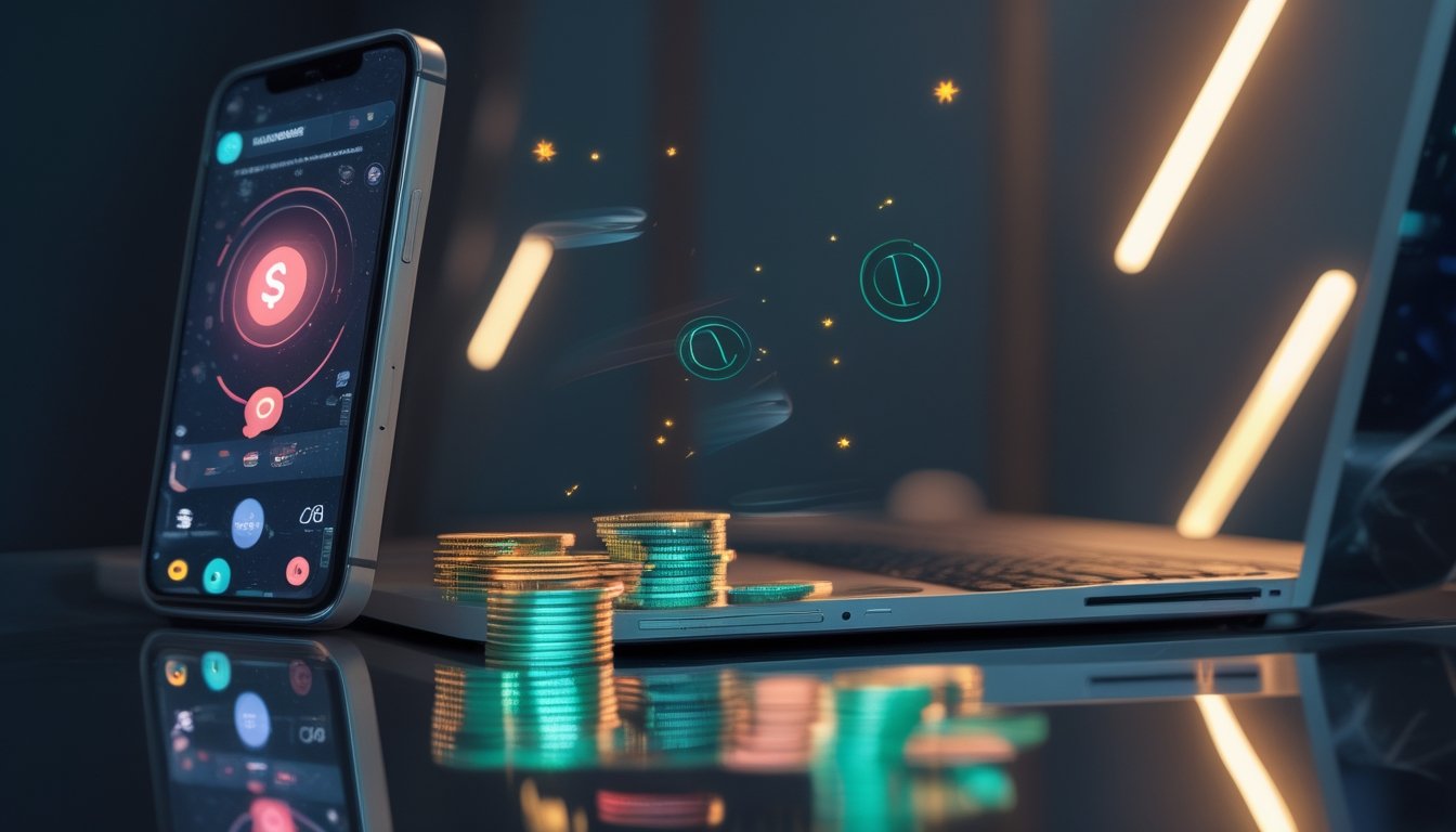 Smartphone dan laptop menampilkan antarmuka permainan digital abstrak dengan simbol pembayaran dan cahaya keemasan di atas meja modern.