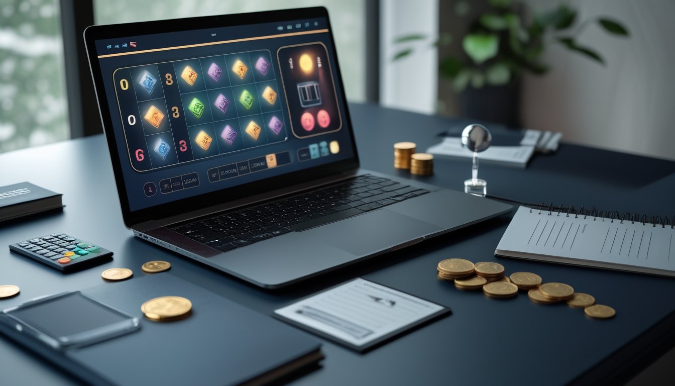 Meja kerja modern dengan laptop dan ponsel yang menampilkan antarmuka permainan slot abstrak, dilengkapi kalkulator, buku catatan kosong, koin, dan grafik sederhana.