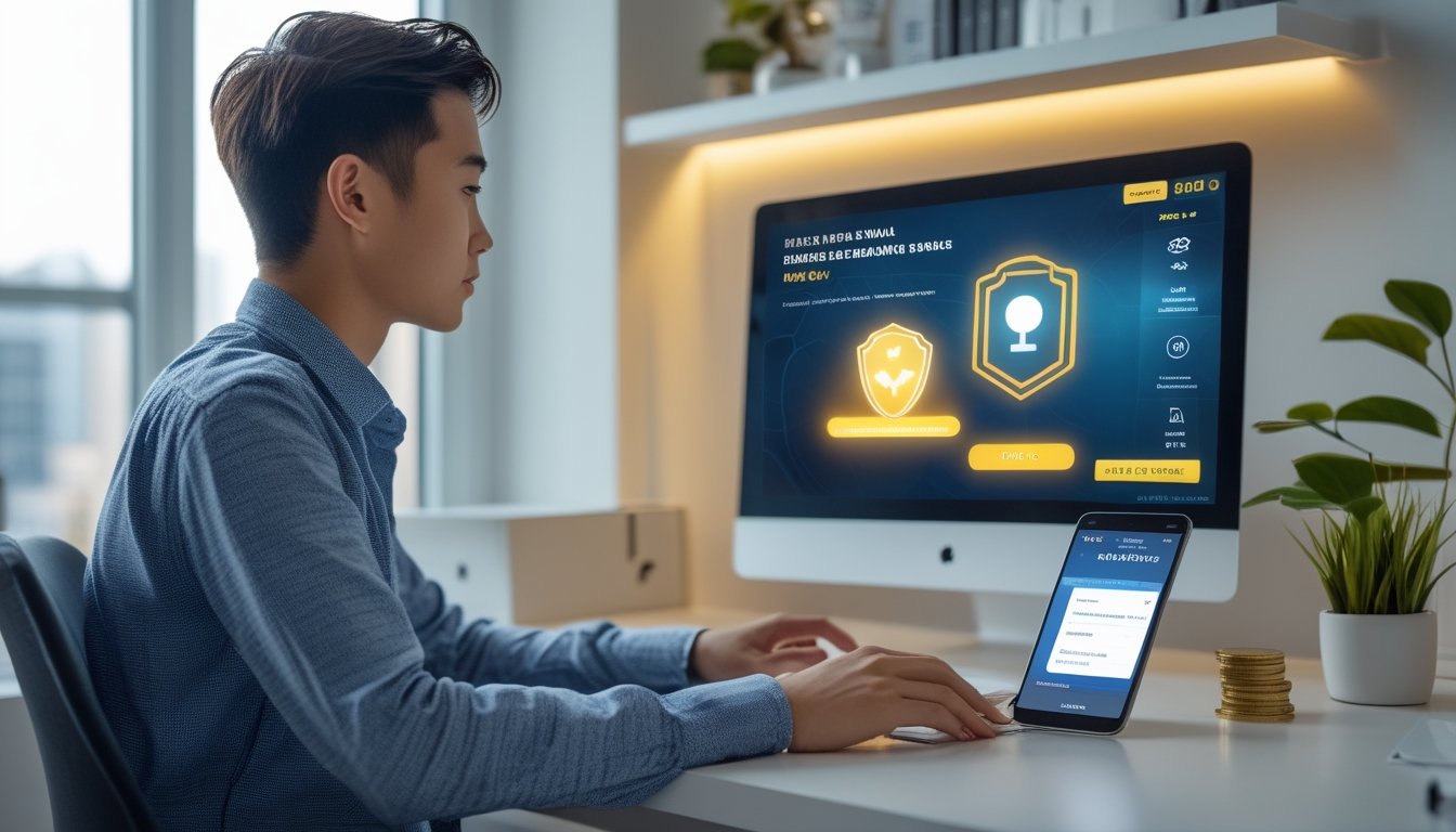 Seseorang menggunakan laptop dan ponsel di ruang kerja modern dengan simbol keamanan digital.
