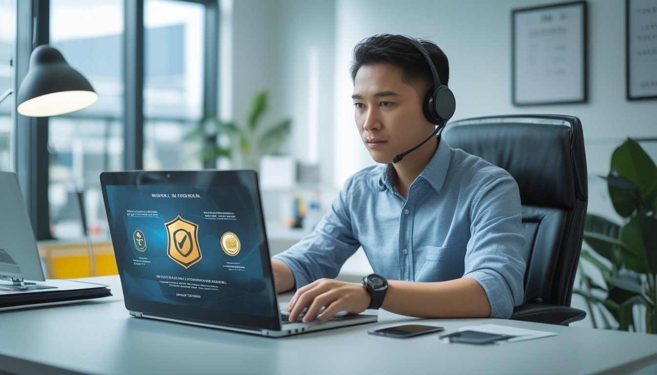 Orang dewasa membandingkan platform permainan digital secara hati-hati di laptop dan ponsel dalam ruang kerja modern.