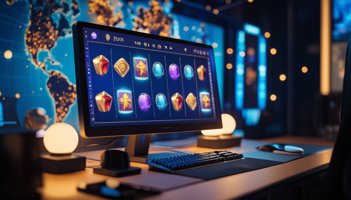 Meja gaming modern dengan monitor yang menampilkan permainan slot digital berwarna-warni dan cahaya keemasan.