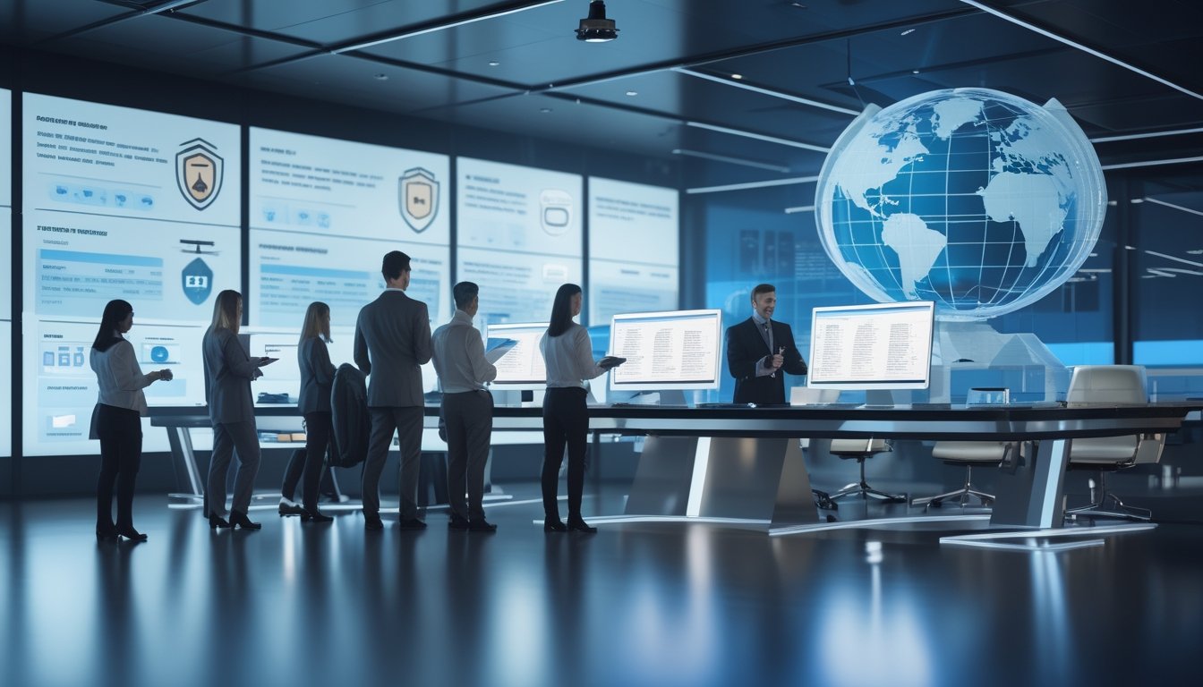 Tim profesional meninjau dokumen legalitas dan sistem keamanan platform digital di kantor modern.