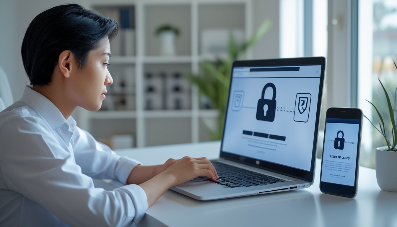 Seseorang memeriksa keamanan situs web pada laptop dan ponsel dengan simbol gembok dan perisai.