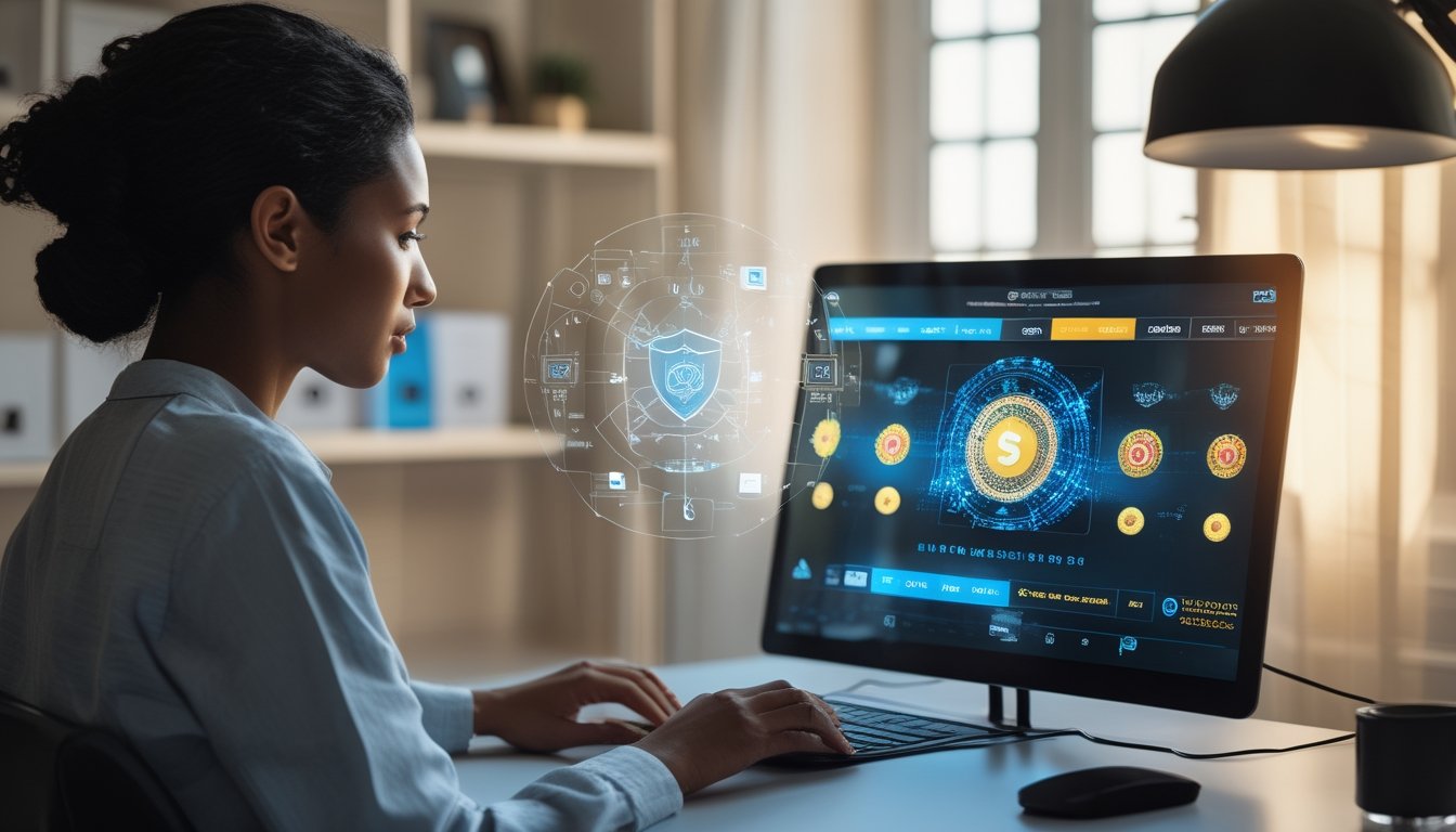 Orang dewasa melihat permainan slot digital dengan simbol keamanan dan keseimbangan di ruang kerja modern.