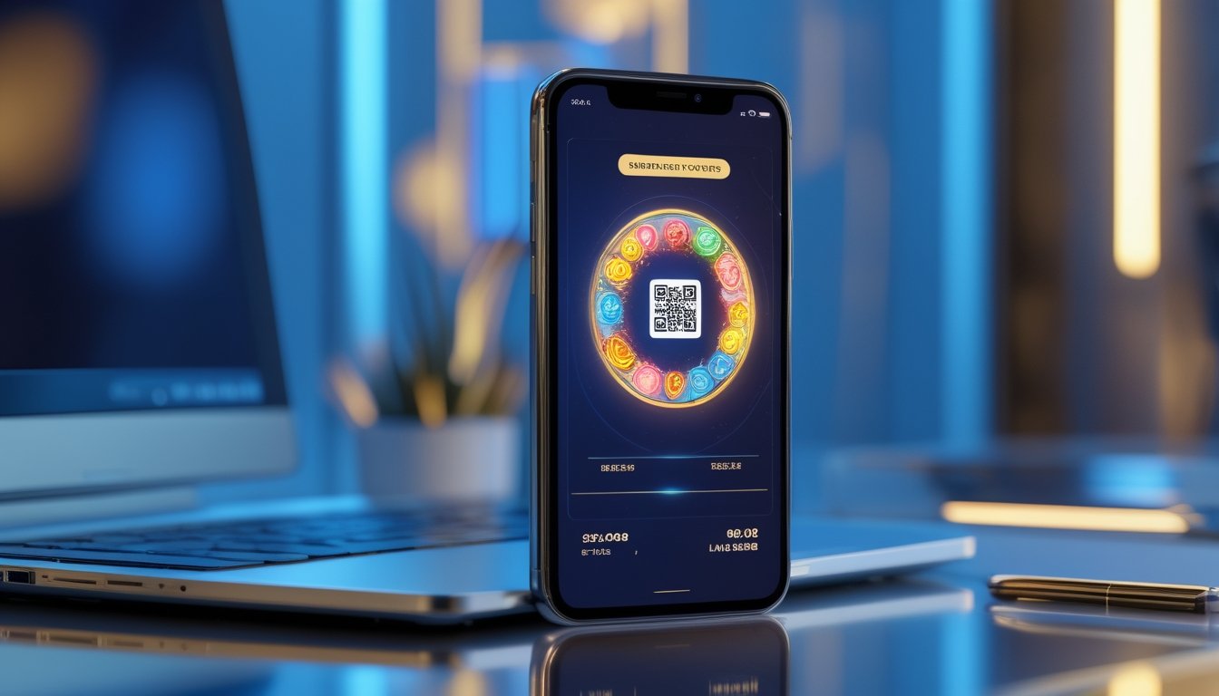 Ponsel menampilkan antarmuka digital abstrak dan simbol pembayaran QR di atas meja modern dengan latar cahaya biru dan emas.