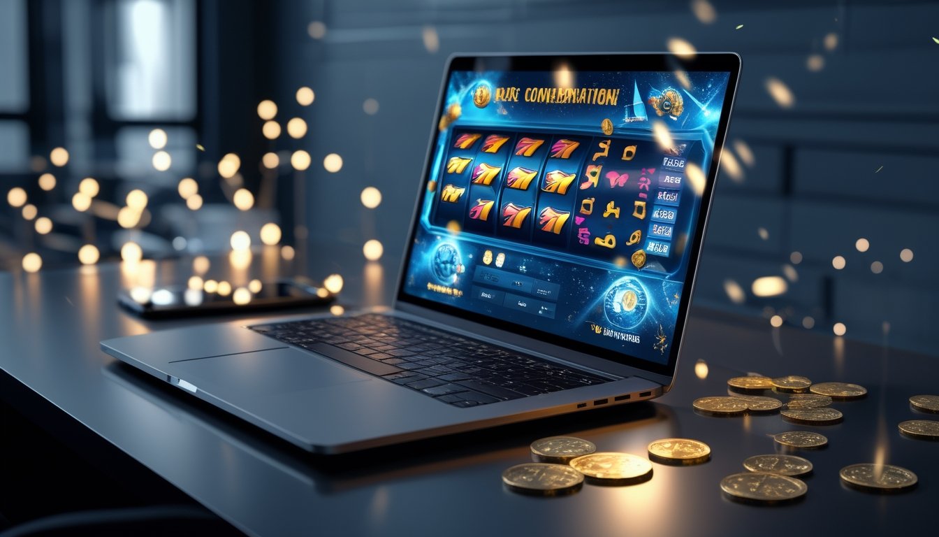 Laptop dan ponsel menampilkan antarmuka permainan slot abstrak di atas meja kerja modern, dengan koin dan efek cahaya dekoratif.