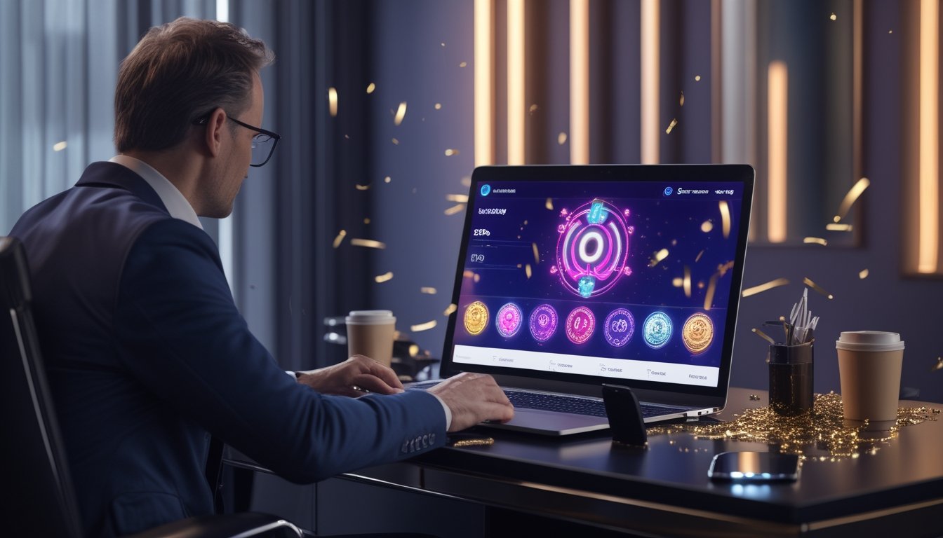 Orang dewasa melihat antarmuka permainan digital berwarna-warni di laptop pada meja modern.