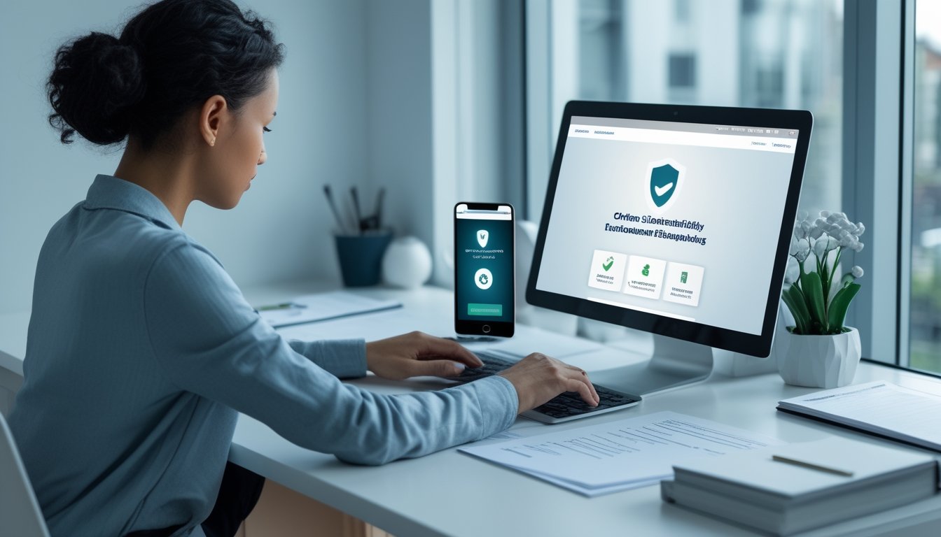 Seseorang memeriksa platform digital yang aman dan tepercaya di laptop dengan simbol verifikasi dan keamanan.