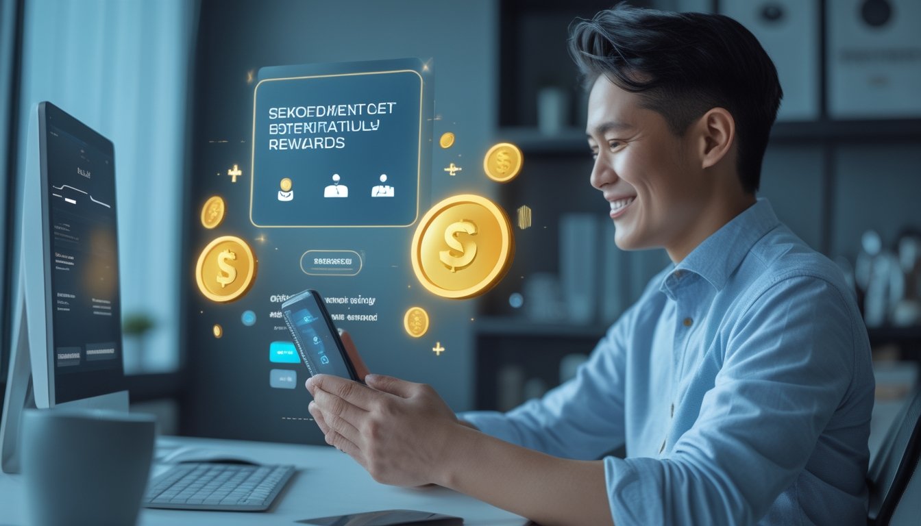 Orang dewasa menggunakan ponsel dan laptop di meja kerja dengan suasana antusias dan elemen digital abstrak.