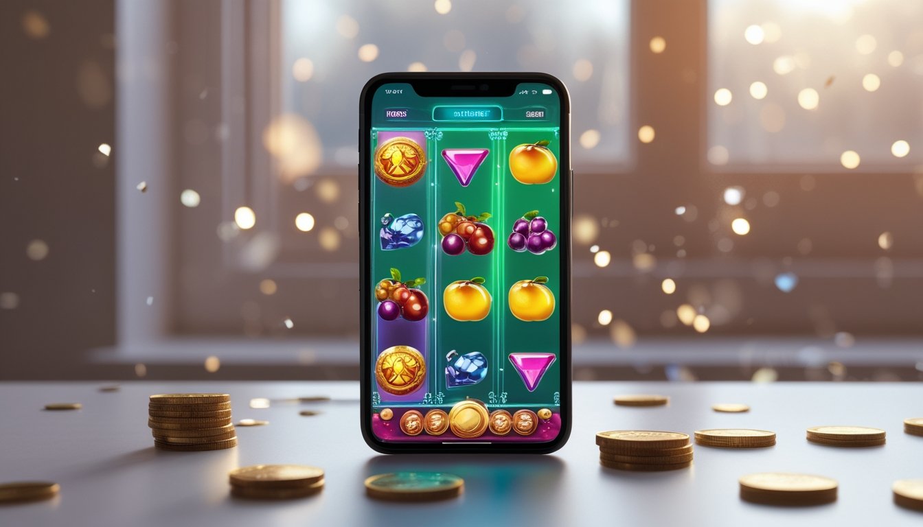 Ponsel menampilkan permainan slot digital generik di samping beberapa koin dengan suasana perayaan.