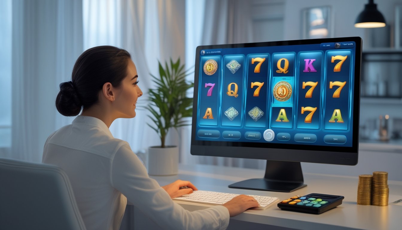 Seorang pemain melihat permainan slot abstrak sambil menata koin dan alat pengatur anggaran di meja.