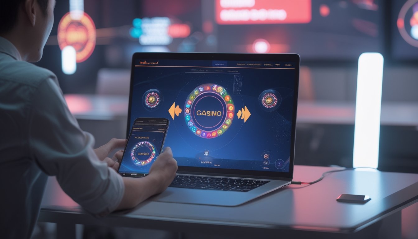 Orang dewasa menggunakan laptop dan ponsel dengan tampilan permainan digital serta konsep pembayaran elektronik.
