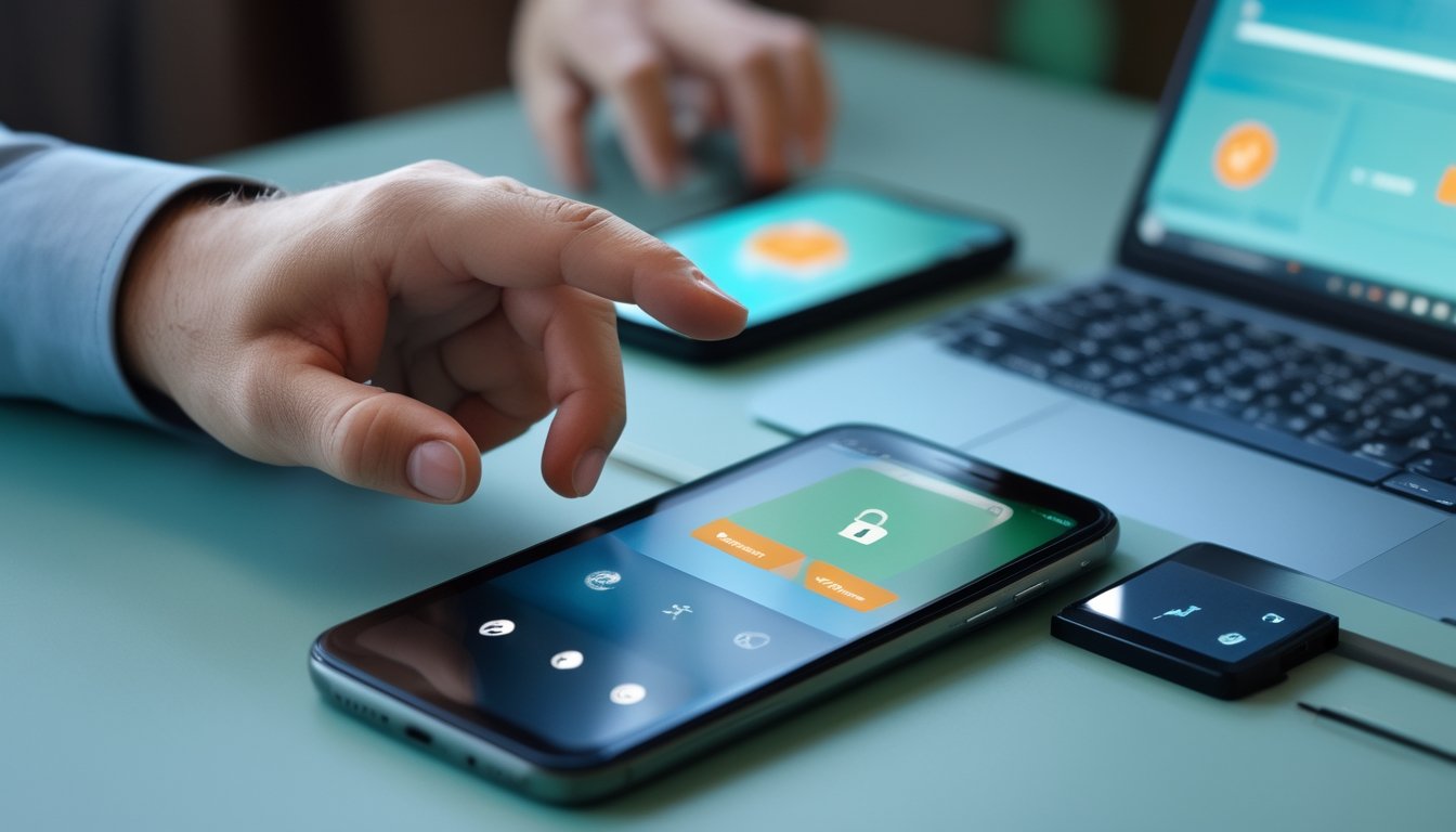Ponsel menampilkan antarmuka dompet digital abstrak dengan simbol keamanan di meja kerja modern.