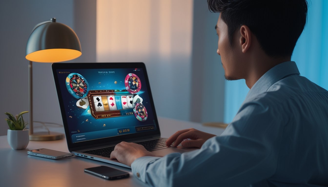 Orang dewasa melihat tampilan permainan digital di laptop dalam ruang kerja modern.