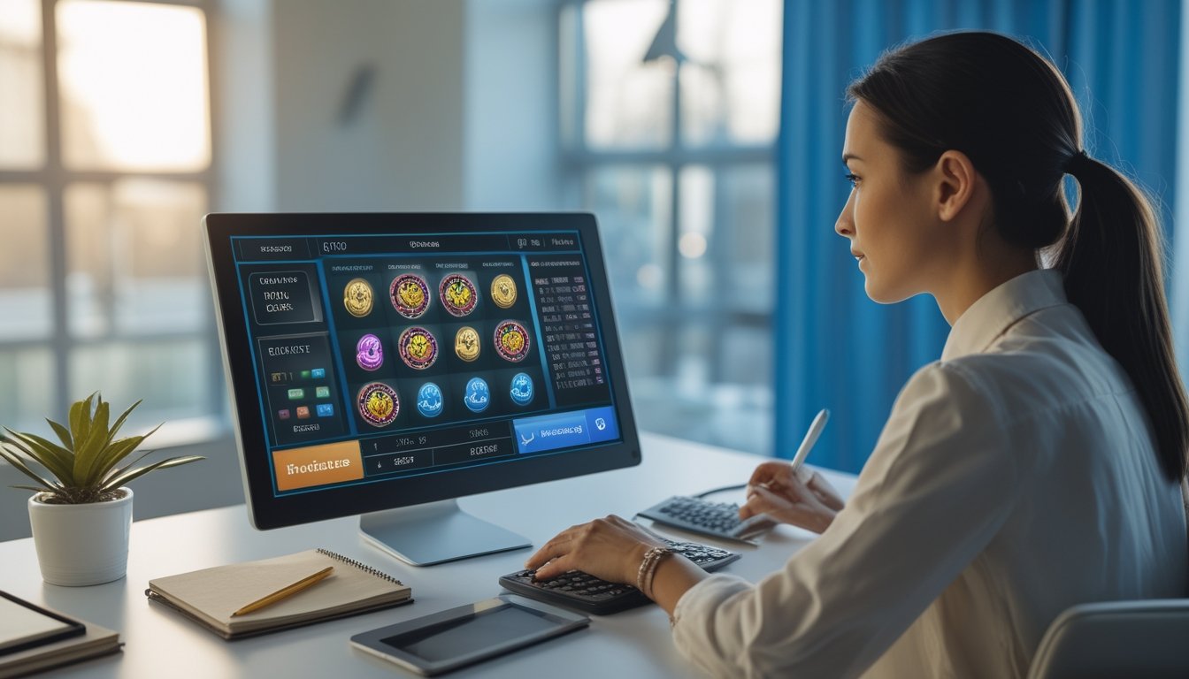Seseorang mempelajari tampilan permainan slot dan grafik analisis di laptop dengan notebook serta kalkulator di meja.