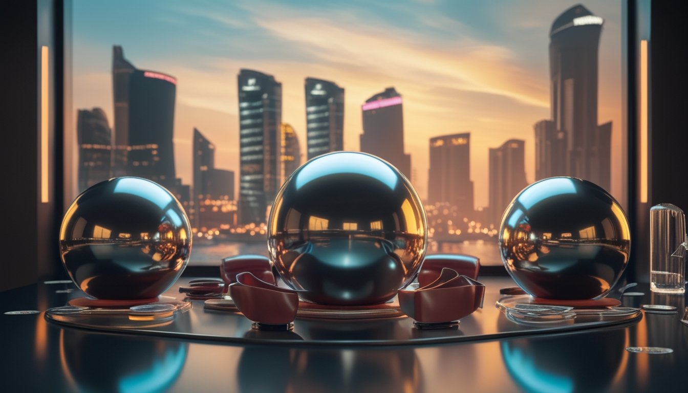 Tiga bola logam mengilap di atas permukaan reflektif dengan latar suasana kota futuristis bernuansa emas dan merah.