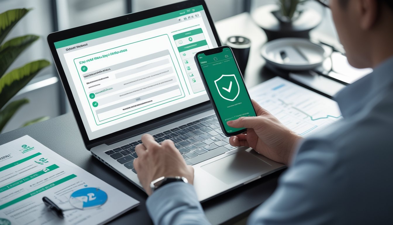 Seseorang memeriksa laptop dan ponsel dengan tanda verifikasi serta simbol keamanan di meja kerja modern.