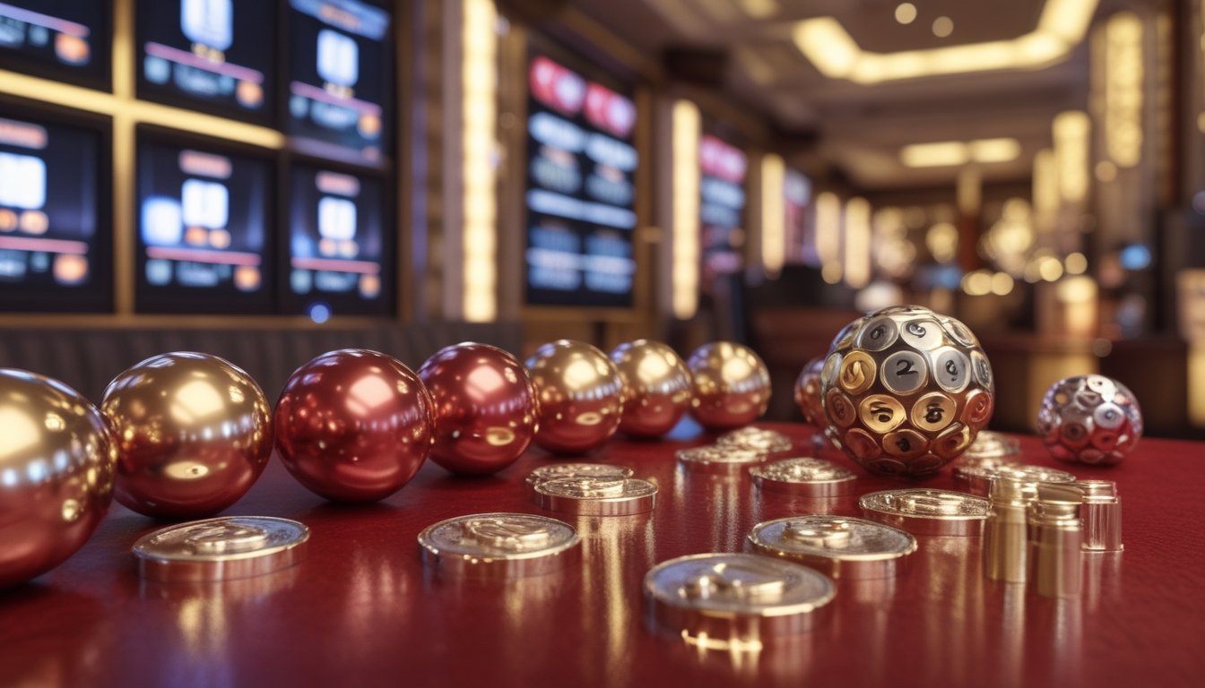 Bola lotre merah dan emas serta keping logam tersusun di atas permukaan beludru merah dengan latar arsitektur bergaya Macau.