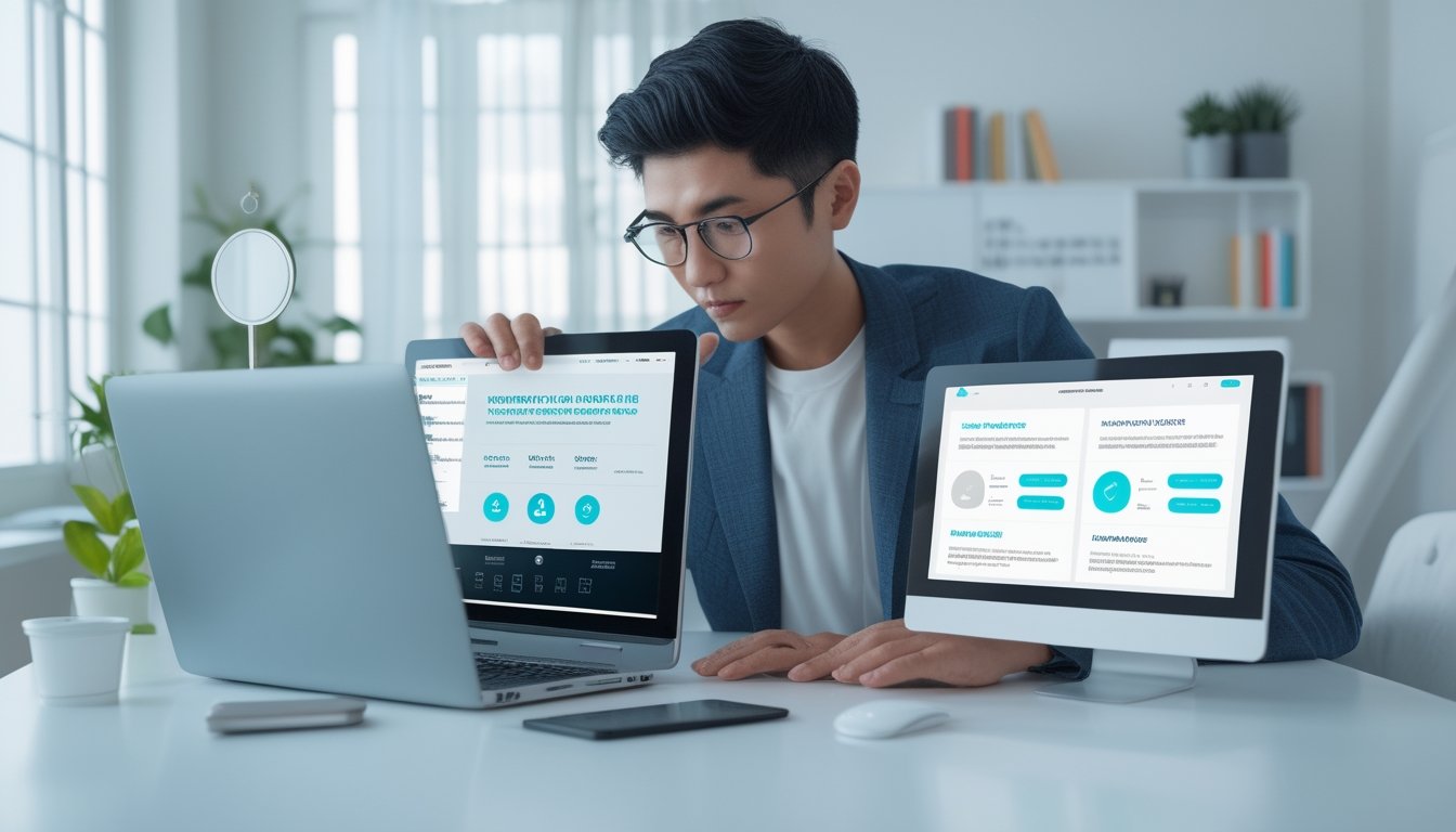 Seseorang membandingkan beberapa platform digital dengan simbol keamanan dan verifikasi di ruang kerja modern.